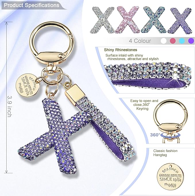 Pink Blue White Initial Letter Keychain Gift for Women Girls Bling Sparkly Cute Backpack Car Key Accessories Lanyard