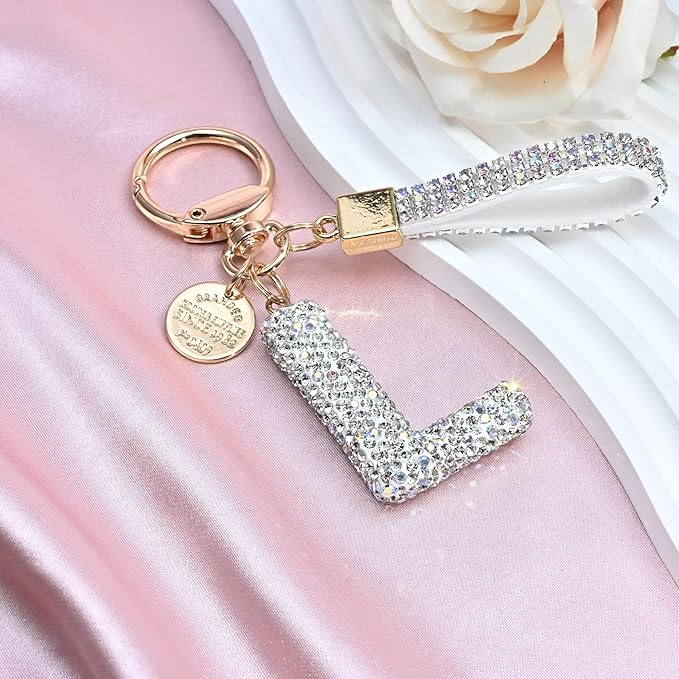 Pink Blue White Initial Letter Keychain Gift for Women Girls Bling Sparkly Cute Backpack Car Key Accessories Lanyard