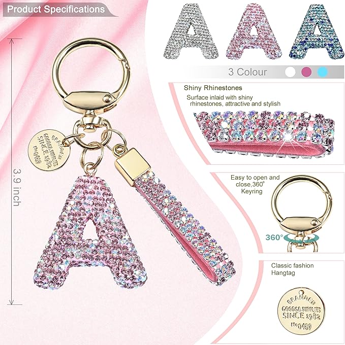 Pink Blue White Initial Letter Keychain Gift for Women Girls Bling Sparkly Cute Backpack Car Key Accessories Lanyard