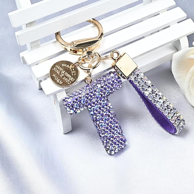 Pink Blue White Initial Letter Keychain Gift for Women Girls Bling Sparkly Cute Backpack Car Key Accessories Lanyard