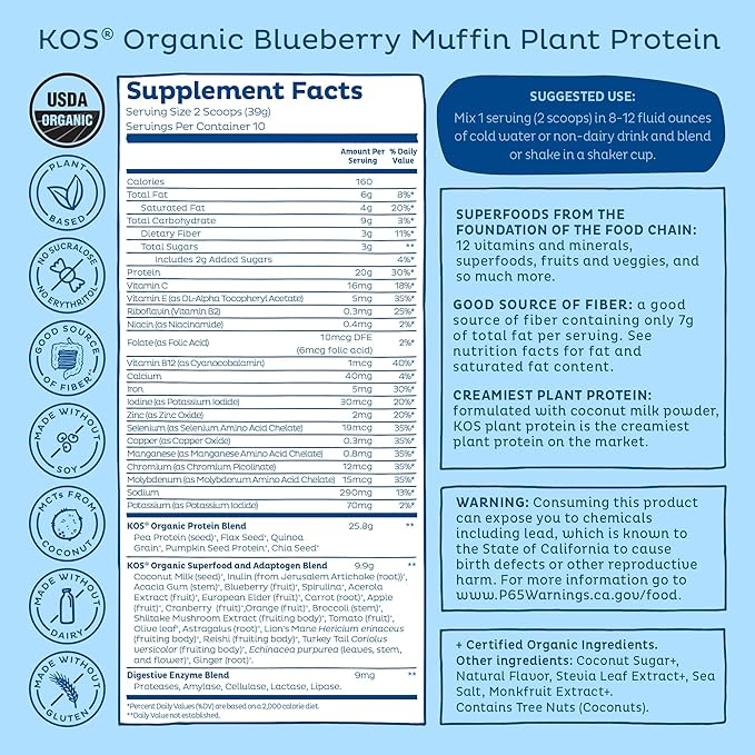 KOS Plant Based Protein Powder, Blueberry Muffin - Organic Pea Protein Superfood with Spirulina and Immune Support Blend. Soy, Gluten, Dairy Free - Vegan Meal Replacement for Women & Men - 10 Servings