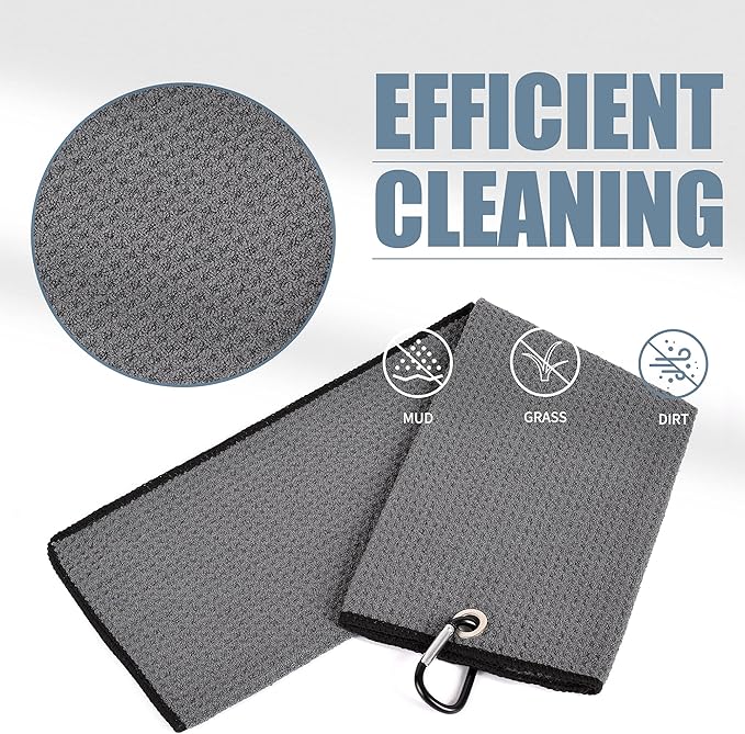 Mile High Life Tri-fold Golf Towel | 16" X 24" | Premium Microfiber Fabric | Waffle Pattern | with Heavy Duty Carabiner Clip | for Men and Women (Dark Gray)