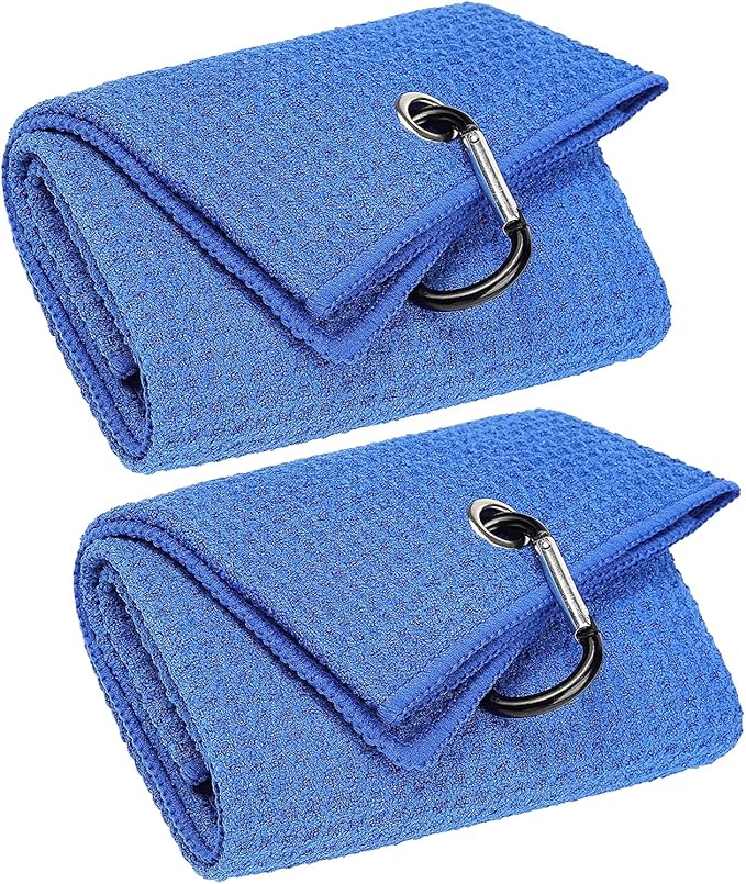 VIVIDLY 2 Pack Tri-fold Golf Towels, Premium Microfiber Fabric Waffle Pattern with Black Heavy Duty Carabiner Clip, Blue Golf Towels for Golf Bags for Men (Blue)
