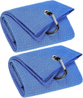 VIVIDLY 2 Pack Tri-fold Golf Towels, Premium Microfiber Fabric Waffle Pattern with Black Heavy Duty Carabiner Clip, Blue Golf Towels for Golf Bags for Men (Blue)