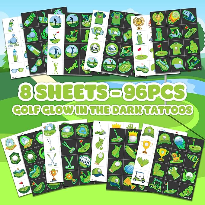 96 PCS Golf Sport Pre-Cut Luminous Glow in The Dark Temporary Tattoos | Super Cute Themed Birthday Party Favors, Supplies, Decorations, Green Sport Fake Tattoo Stickers Gifts for Boys Girls