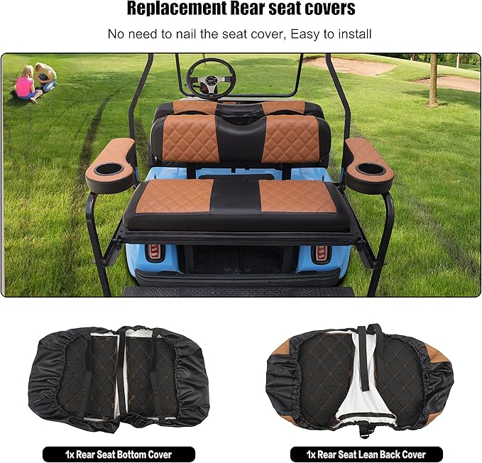 NOKINS Golf Cart Seat Covers Fit Club Car Precedent/DS/EZGO RXV/TXT/Yamaha Drive Aftermarket Standard Rear Seat Cushion, No Stapler, Multiple Colors&Breathable (Brown&Black)