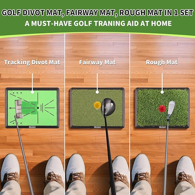 Golf Hitting Mat – Portable Golf Pratice Mat with Longer Swing Path Trajectory, 3-in-1 Includes Fairway, Rough & Putting Pad Training Mats on No-Slip Rubber Base,Simulator Must Haves, Gift for Golfers