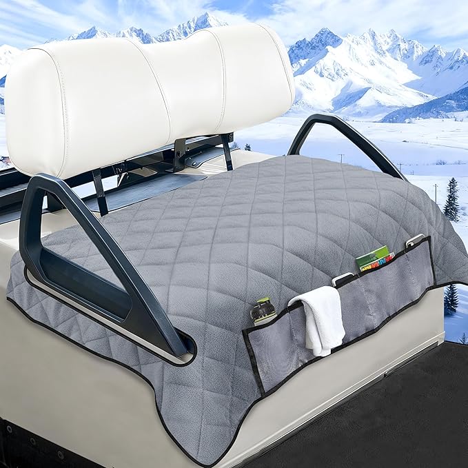 YOKYHOM Golf Cart Seat Covers with 4 Front Pockets, Thick and Non-Slip Golf Cart Seat Towel Blanket, Fits for EZGO, Yamaha, Club Car and More 2 Seats Golf Carts, Gray