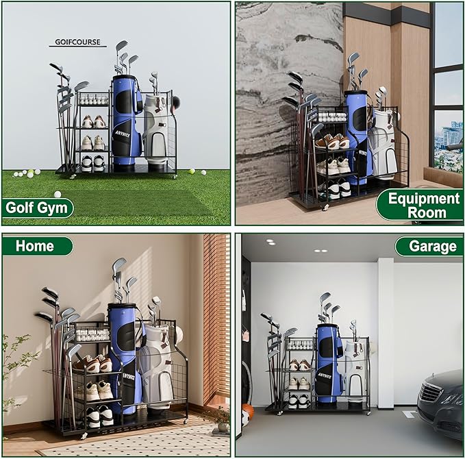 Golf Bag Storage Organizer with Wheels, Garage Golf Equipment Rack for 2 Golf Bags, Clubs, Shoes & Accessories – Heavy Duty Metal Golf Bag Storage Stand for Garage, Basement, Home or Shed