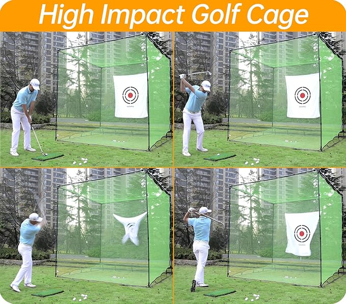 Gagalileo Golf Cage Net with Steel Frame and Target: 10X10X10FT Heavy Duty Practice Net for Backyard Driving & Indoor Driving Range Outdoor Training