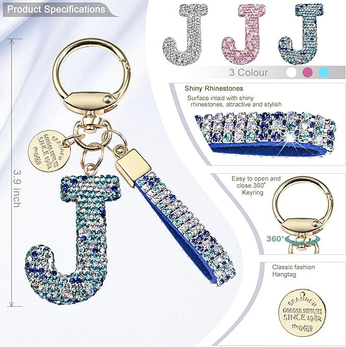 Pink Blue White Initial Letter Keychain Gift for Women Girls Bling Sparkly Cute Backpack Car Key Accessories Lanyard
