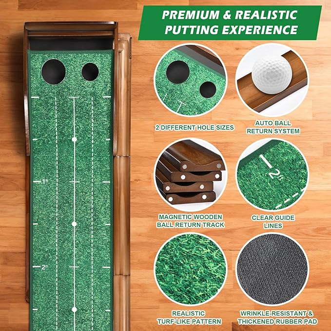 Putting Green Indoor, Golf Putting Mats Practice Indoor, 9.8ft Indoor Putting Green with Ball Return, Thickened Wrinkle-Free Memory Rubber, Training Aid for Home Office Backyard, Ideal Gift