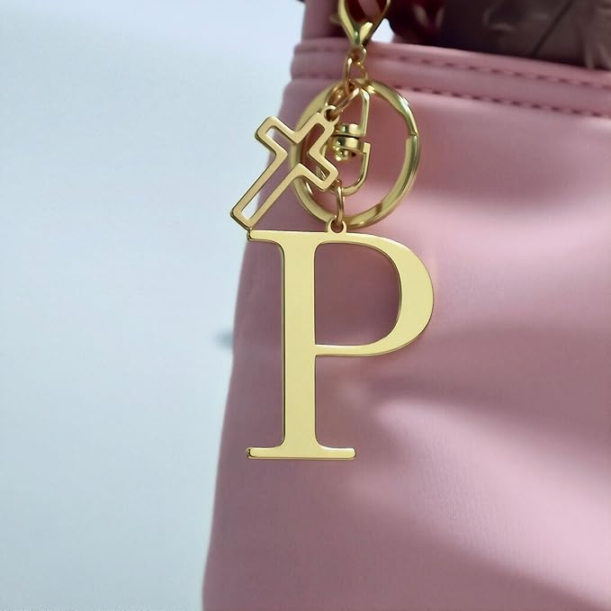 Gold Initial Keychain for Women A-Z Letter Cross Keychains Alphabet Key Chain bag Accessories Gift for Christian