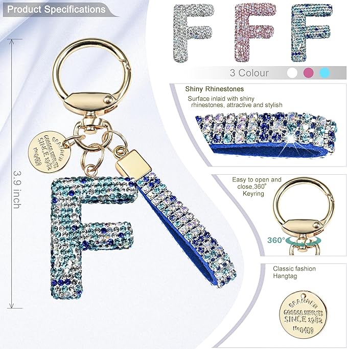 Pink Blue White Initial Letter Keychain Gift for Women Girls Bling Sparkly Cute Backpack Car Key Accessories Lanyard