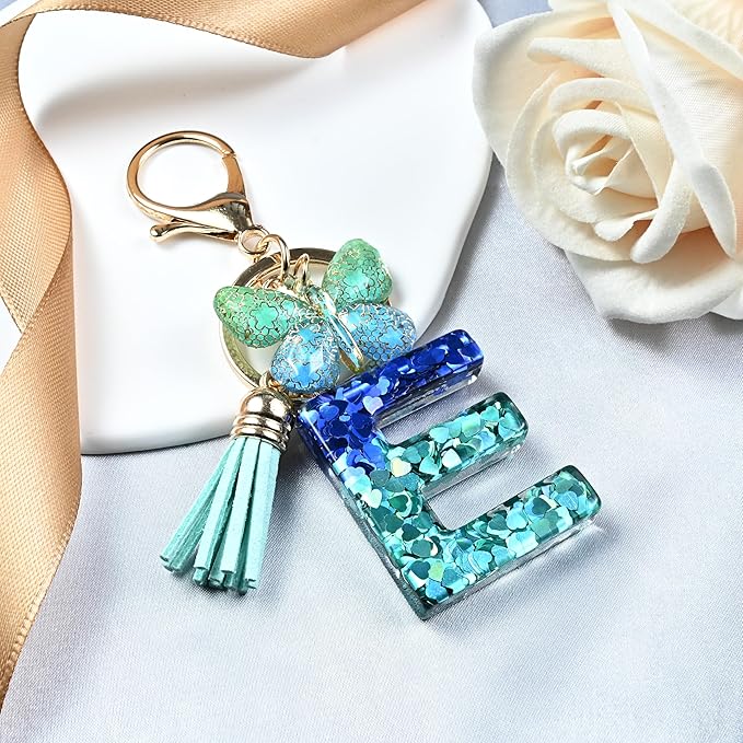 JINGUAZI Initial letter Keychains for Women Tassel Butterfly Pink Purple Cute Car Keychain for Wallet Backpack bag charm