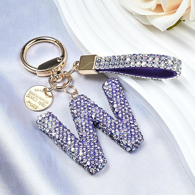 Pink Blue White Initial Letter Keychain Gift for Women Girls Bling Sparkly Cute Backpack Car Key Accessories Lanyard