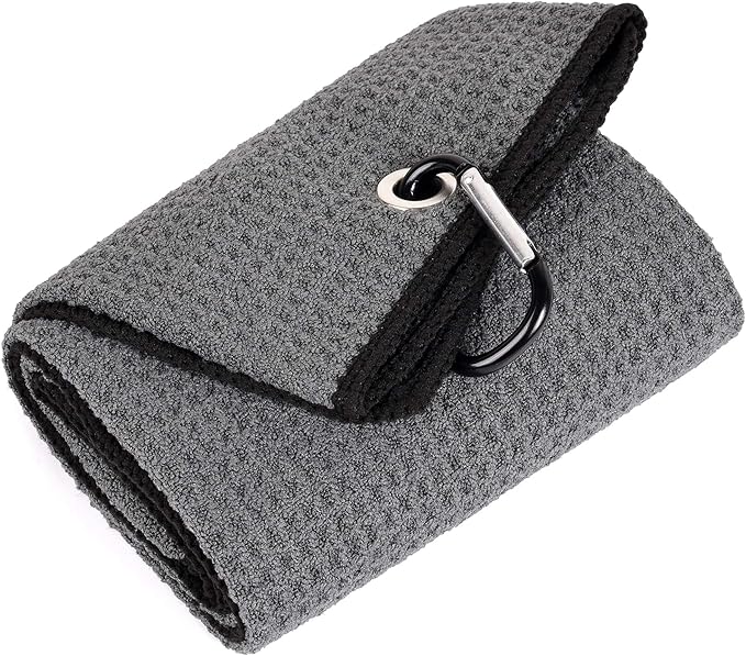 Mile High Life Tri-fold Golf Towel | 16" X 24" | Premium Microfiber Fabric | Waffle Pattern | with Heavy Duty Carabiner Clip | for Men and Women (Dark Gray)
