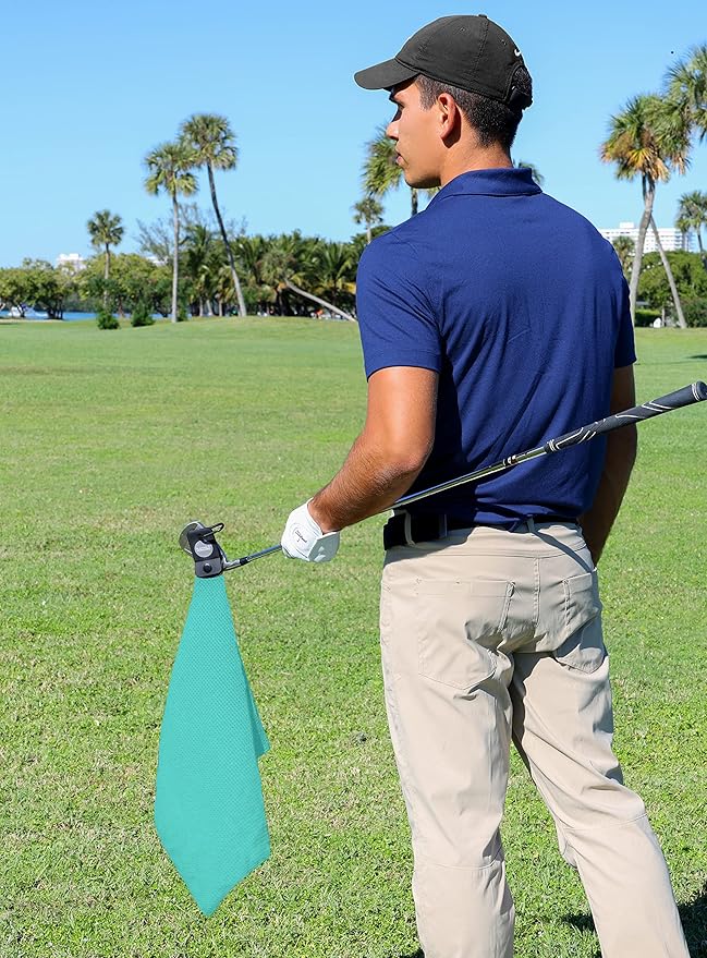Magnetic Golf Towels for Golf Bags with Clip & Ultra Strong Magnet - Waffle Weave Microfiber Towel for Secure Hold on Bags & Carts - Ideal Club Cleaner & Accessories - Aqua