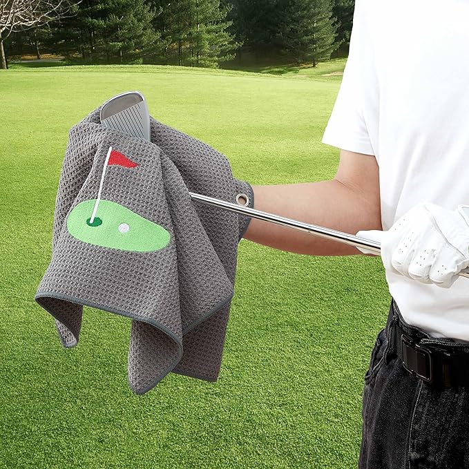 Embroidered Golf Towel Set – Custom Towels for Golf Bags & Carts – Golf Accessories & Gifts for Kids, Men, & Women – Microfiber Waffle and Ball Towels – Putting Design - 2-Pack