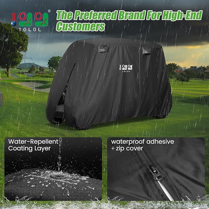 10L0L Golf Cart Cover 2/4/4+2 Passenger for Yamaha EZGO Club Car, Heavy Duty 420D Waterproof Windproof Durable Polyester Golf Cart Cover with 3 Zipper Doors for All-Weather Protection (Black/Silver)