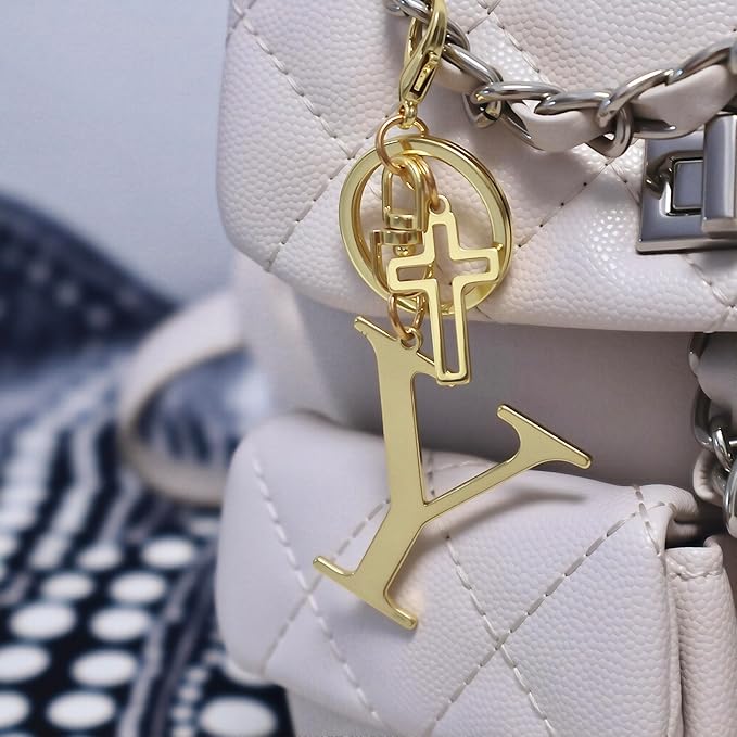 Gold Initial Keychain for Women A-Z Letter Cross Keychains Alphabet Key Chain bag Accessories Gift for Christian