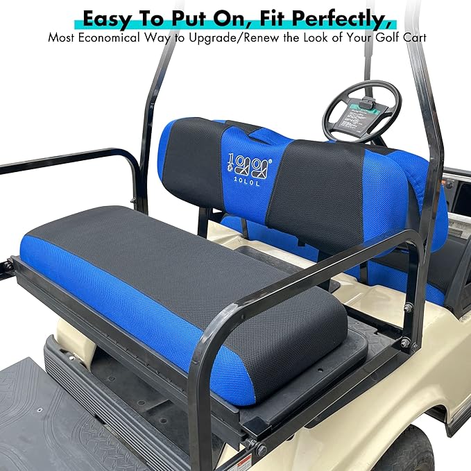 10L0L Golf Cart Front + Rear Seat Cover Set for EZGO TXT RXV 4 Passenger Models Bench Seat Covers Kit Breathable Washable Polyester Mesh Cloth (S+XS) (Black/Blue)