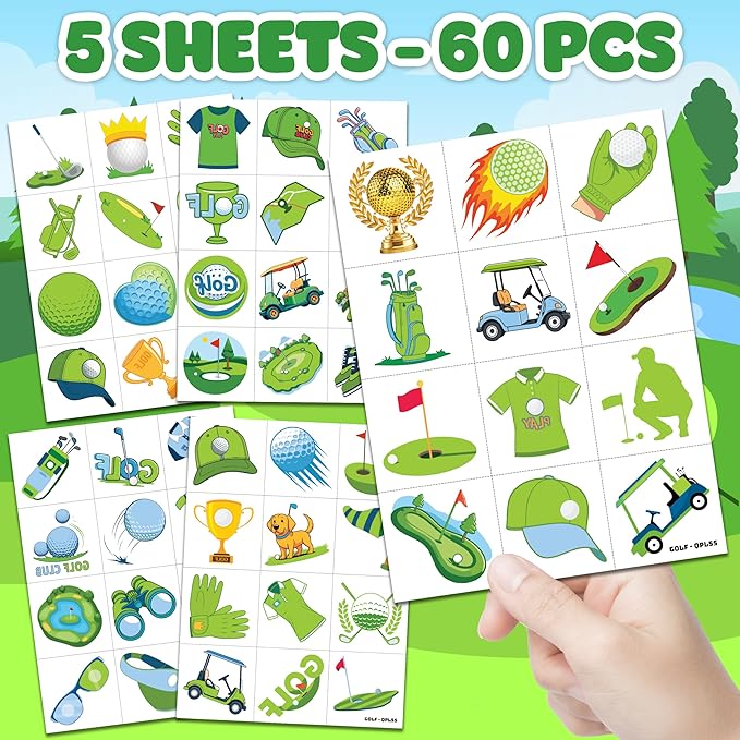 60 PCS Golf Sport Pre-Cut Temporary Tattoos | Super Cute Themed Birthday Party Favors, Supplies, Decorations, Green Sport Fake Tattoo Stickers, School Rewards Prizes & Gifts Boys & Girls, Carnival