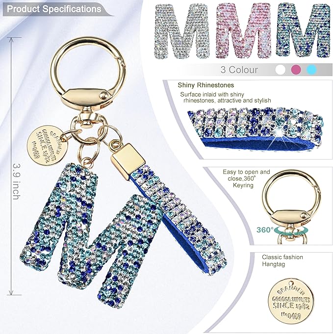 Pink Blue White Initial Letter Keychain Gift for Women Girls Bling Sparkly Cute Backpack Car Key Accessories Lanyard