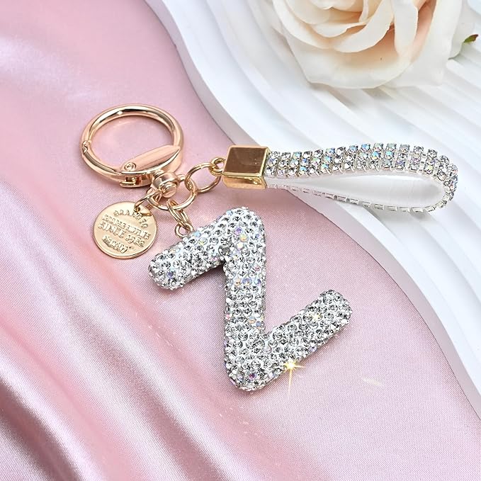 Pink Blue White Initial Letter Keychain Gift for Women Girls Bling Sparkly Cute Backpack Car Key Accessories Lanyard