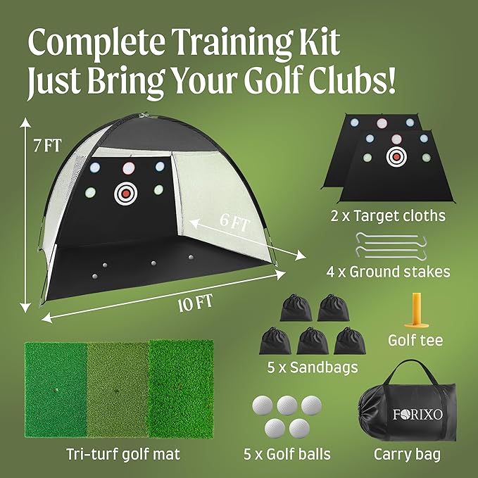 Garage Golf Net – 10x7ft Indoor Golf Hitting Net with Mat & Balls – Practice Driving & Chipping at Home