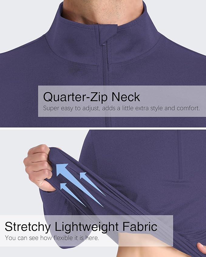 Mens Long Sleeve Shirts Quarter Zip Pullover UPF 50+ Sun Protection Wicking Moisture Workout Running Casual Athletic Tops