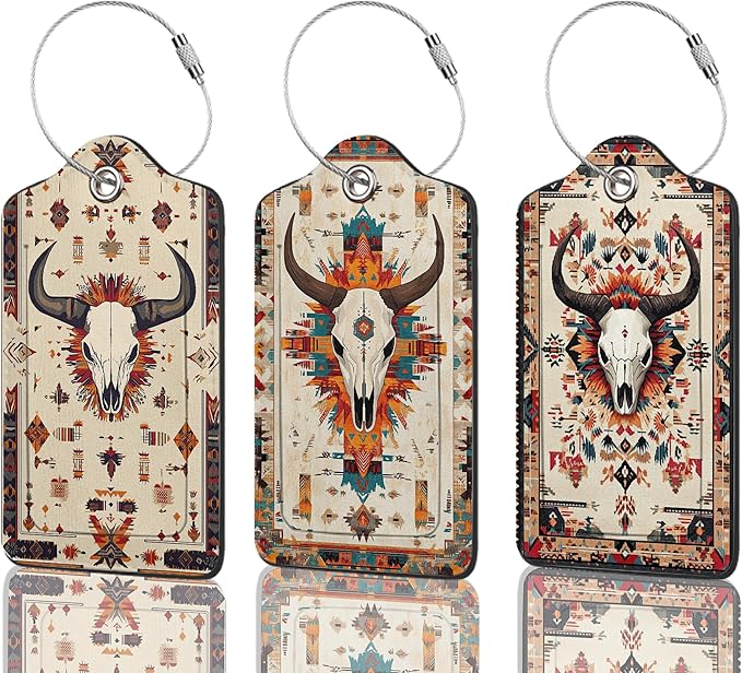 Western Bull Skull Luggage Tag, 3 Pack Luggage Tags for Suitcases, Cute Suitcase Tags Identifiers Bag Tags with Privacy Flap, Baggage Name Tag for Women Men Luggage Backpacks & Bags