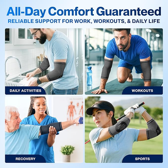 Modvel 2 Pack Elbow Brace - Golfer's Elbow Compression Sleeve Support for Joint Pain Relief, Recovery, Tendonitis Braces, Tennis Elbows Brace For Men & Women, Workout & Weightlifting Arm Wrap, Black