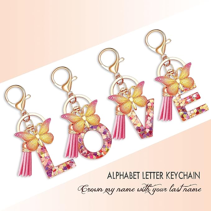 JINGUAZI Initial letter Keychains for Women Tassel Butterfly Pink Purple Cute Car Keychain for Wallet Backpack bag charm