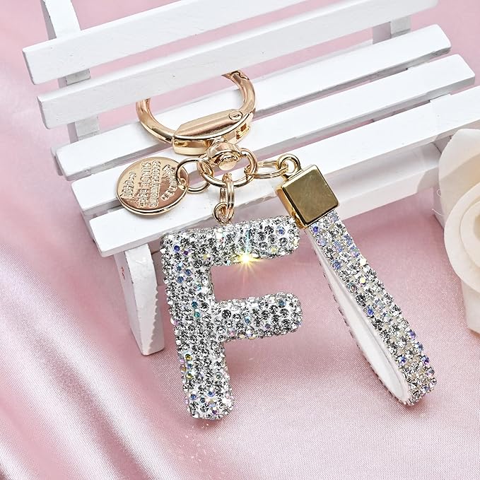 Pink Blue White Initial Letter Keychain Gift for Women Girls Bling Sparkly Cute Backpack Car Key Accessories Lanyard
