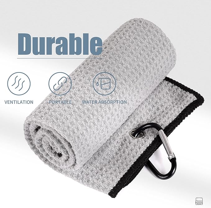 Mile High Life 2 Pack Gray Microfiber Tri-Fold Golf Towels with Carabiner Clip, 16x21in, Water Absorbent, Easy to Wash and Carry