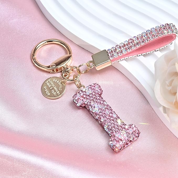 Pink Blue White Initial Letter Keychain Gift for Women Girls Bling Sparkly Cute Backpack Car Key Accessories Lanyard