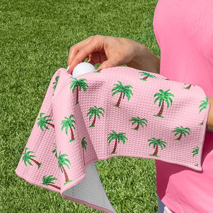Microfiber Golf Towels for Golf Bags & Carts - Premium Weave Waffle & Ball Towels with Carabiner Clip, Essential Accessories for Men, Women, and Kids, Golfer Gifts, Set of 2 (Palm Trees)