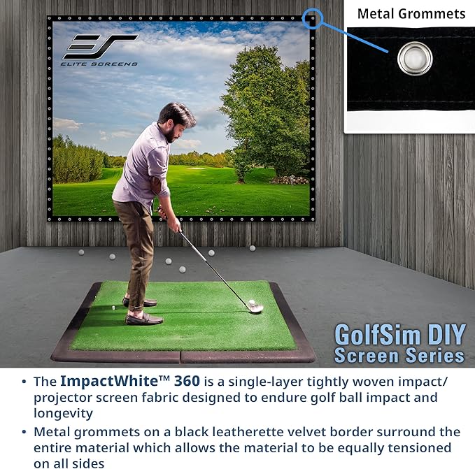 Elite Screens Impact Screen for Golf Simulators 9.8'x13.1' - Multi-Sport Simulation Screen with Grommets, Black Masking Borders, Perfect for Home Golf Simulators, DIY9.8X13.1-IPW360-F