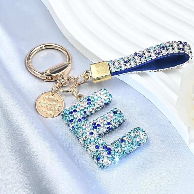 Pink Blue White Initial Letter Keychain Gift for Women Girls Bling Sparkly Cute Backpack Car Key Accessories Lanyard