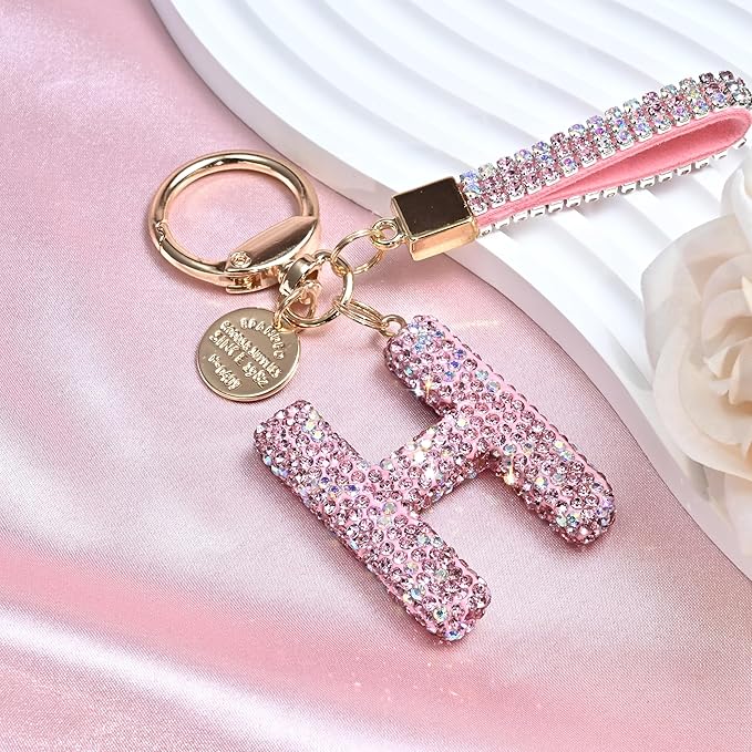Pink Blue White Initial Letter Keychain Gift for Women Girls Bling Sparkly Cute Backpack Car Key Accessories Lanyard