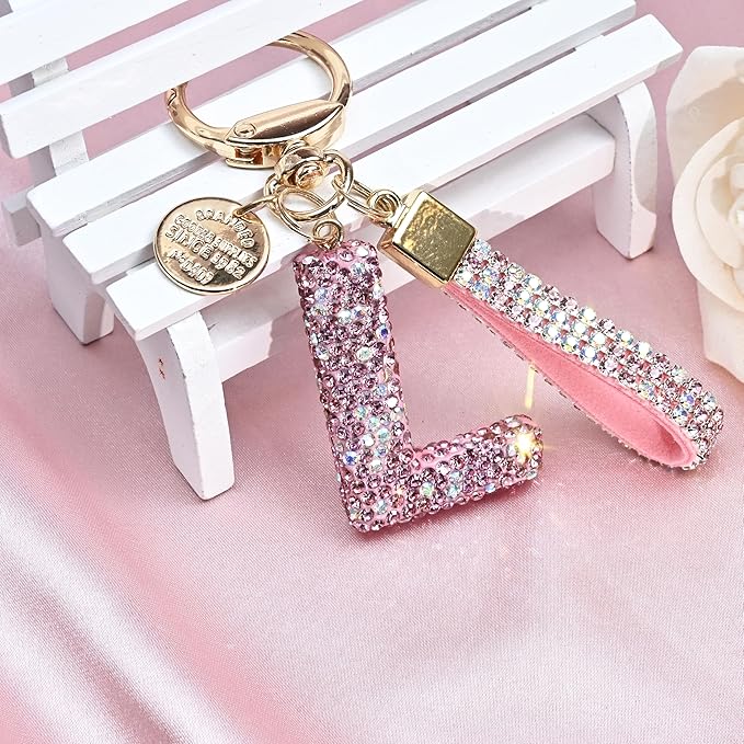 Pink Blue White Initial Letter Keychain Gift for Women Girls Bling Sparkly Cute Backpack Car Key Accessories Lanyard