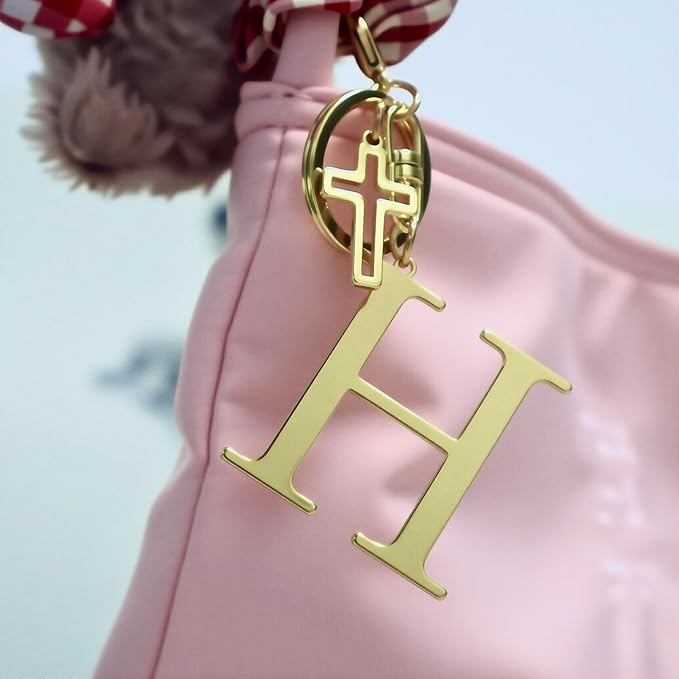 Gold Initial Keychain for Women A-Z Letter Cross Keychains Alphabet Key Chain bag Accessories Gift for Christian