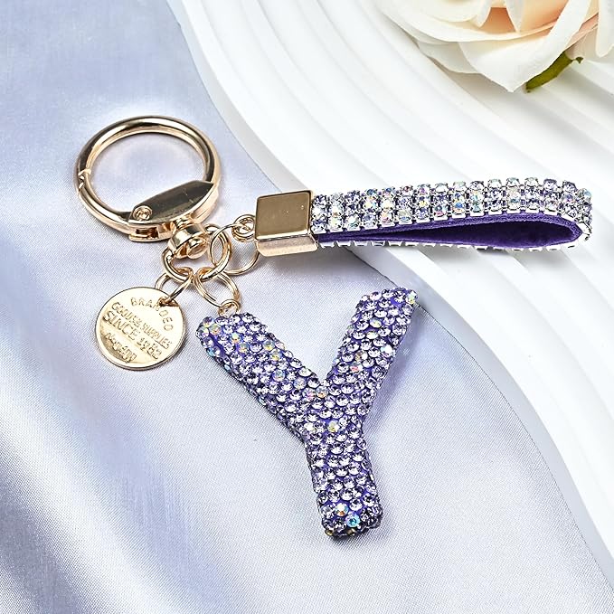 Pink Blue White Initial Letter Keychain Gift for Women Girls Bling Sparkly Cute Backpack Car Key Accessories Lanyard