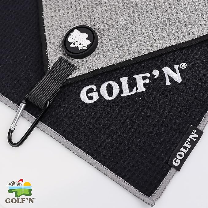 Golf'N Microfiber Towel - Magnetic Golf Towel Dark Gray 18" x 18" Golf Towels for Golf Bags with N52 Heavy Duty Magnets, Carabiner Clip & Cross Stitched Reinforced Loop, Premium Golf Accessories