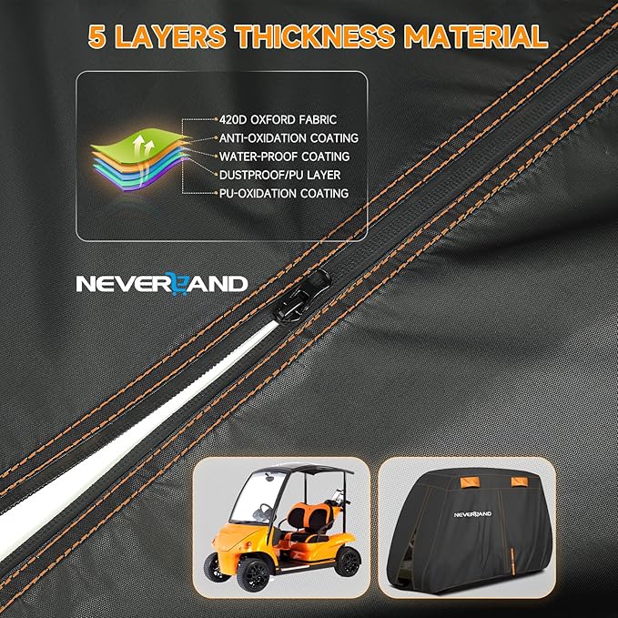 NEVERLAND Golf Cart Cover 4 Passenger, Heavy Duty 420D Golf Cart Covers, Waterproof Club Car Golf Cart Cover with Zipper Doors Compatible with EZGO Yamaha Club Car 4 Seat (Up to 115 Inch)
