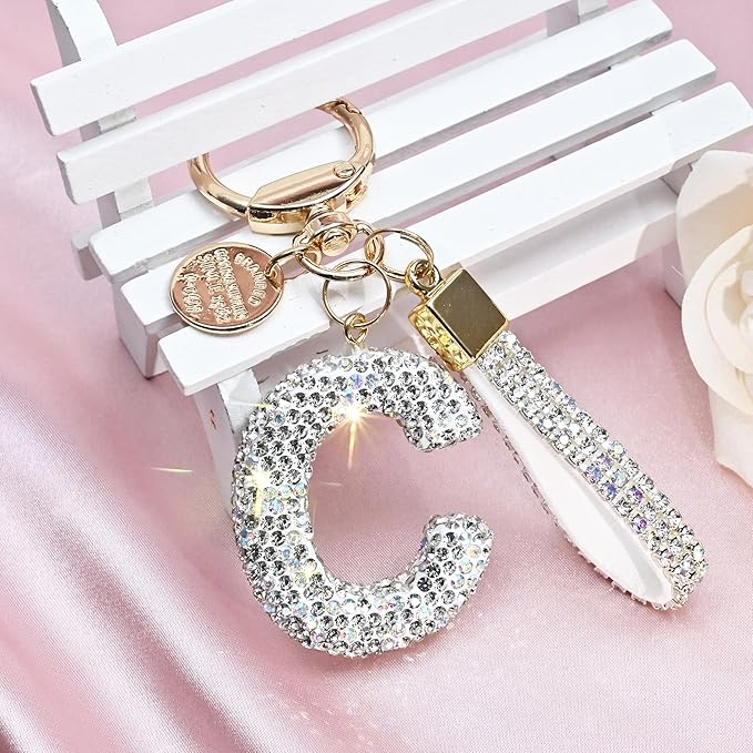 Pink Blue White Initial Letter Keychain Gift for Women Girls Bling Sparkly Cute Backpack Car Key Accessories Lanyard