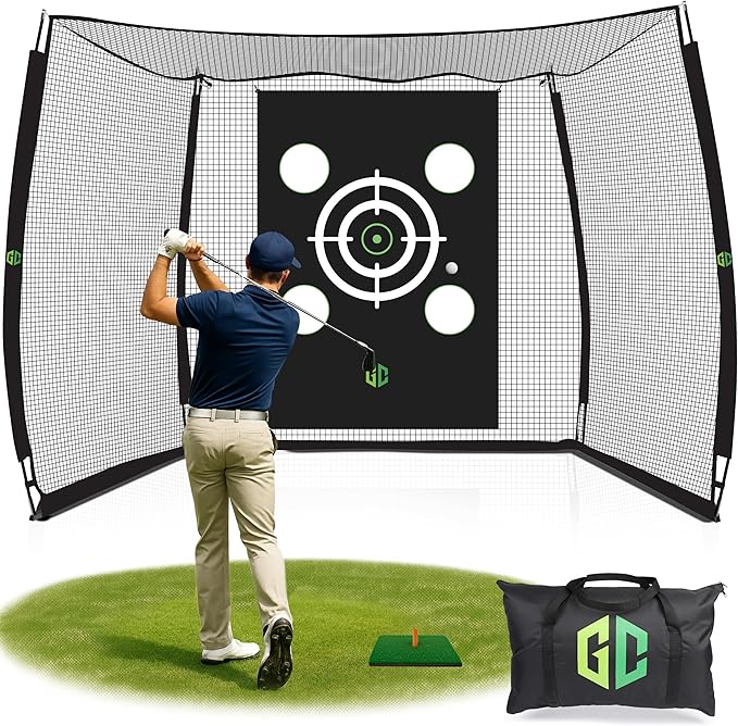 GrdnCare Heavy-Duty Golf Hitting Net 10x8x5.5 FT- Golf Practice Net with Silent Target Tarp, 5-Ply Net, Mat & Tee, Steel Tubes, Poles & Carry Bag - Golf Nets for Backyard, Indoor, Outdoor & Garage