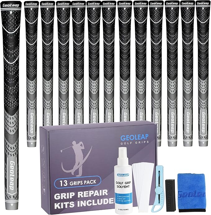 Geoleap Golf Grips Set of 13- Grips with Tapes and with All Repair Kits for Choice,Hybrid Golf Club Grips,Standard/Midsize,All Weather Contral, High Feedback & Traction.