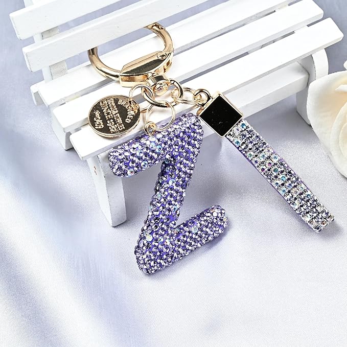 Pink Blue White Initial Letter Keychain Gift for Women Girls Bling Sparkly Cute Backpack Car Key Accessories Lanyard